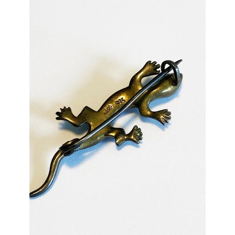 Vintage Sterling Silver Lizard Brooch with Clear Crystal Accents and Red Eyes